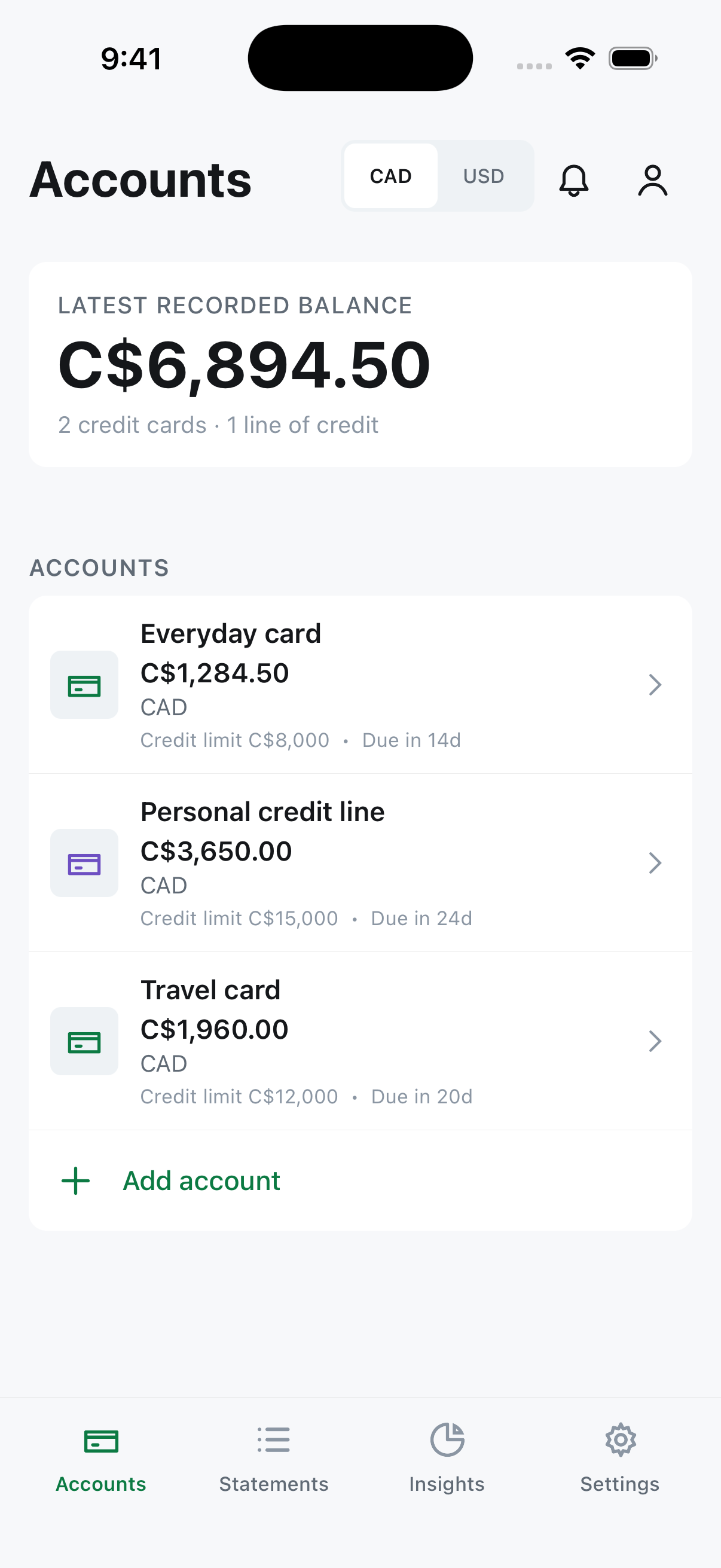 Accounts screen in light appearance with synthetic CAD records.