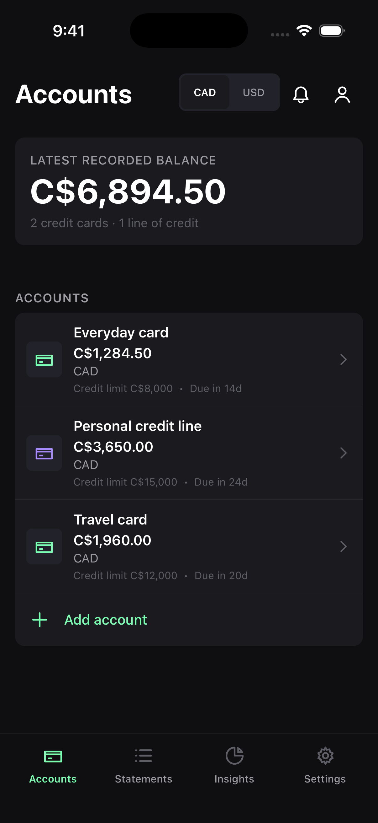 Accounts showing sample balances for Everyday card, Travel card, and Personal credit line.